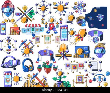 Colorful cryptocurrency illustration set featuring multiple digital finance symbols, coins, tokens, blockchain elements, financial charts, technology Stock Vector