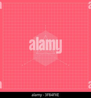 Pink geometric background featuring a white wireframe pyramid-like three-dimensional structure with intersecting planes, perspective axes, and fine ma Stock Vector