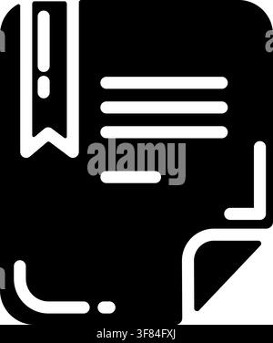 Black monochrome business icon featuring a document with a folded corner, bookmark detail, horizontal text lines, and decorative borders on a clean wh Stock Vector
