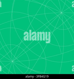 Abstract green mathematical background featuring multiple thin white curved lines, overlapping circular arcs, geometric intersections, and flowing orb Stock Vector