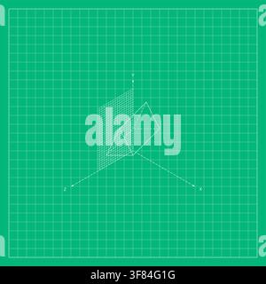 Green geometric background featuring a white wireframe triangular three-dimensional form with intersecting planes, perspective axes, fine construction Stock Vector