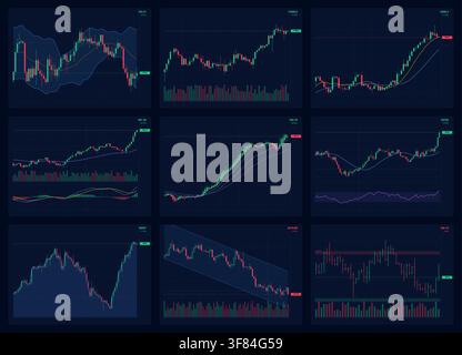 Financial dashboard displaying various stock market charts and data Stock Vector