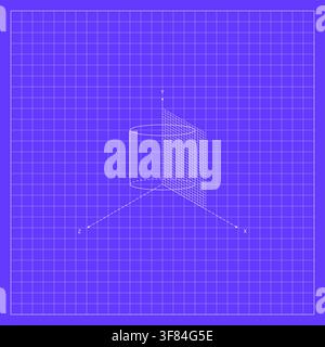 Purple geometric background featuring a white wireframe three-dimensional geometric form with rectangular planes, perspective axes, intersecting const Stock Vector