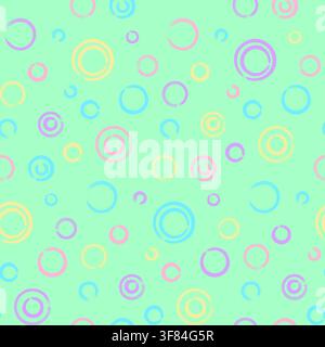 Pastel grunge bubble pattern with overlapping hand-drawn circles and rings in soft pink, yellow, blue, green, and purple on a mint background, creatin Stock Vector
