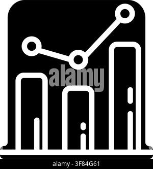 Black monochrome business analytics icon featuring vertical bars of different heights connected by a rising line with circular data points on a clean Stock Vector