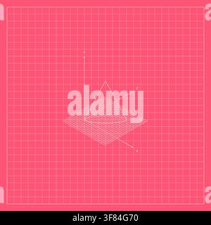Pink geometric background featuring a white wireframe pyramid surface with triangular planes, intersecting geometric lines, perspective construction, Stock Vector