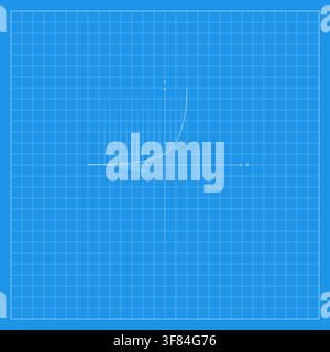 Blue algebraic graph background featuring a fine square coordinate grid and a thin white smooth curved line forming a precise mathematical arc. The mi Stock Vector