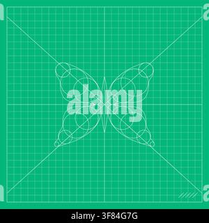 Green mathematical grid featuring a symmetrical butterfly constructed from precise geometric lines, surrounded by diagonal guides and coordinate marks Stock Vector