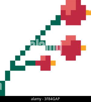 Pixel art flowering branch with small pink and red blossoms on thin green stems, isolated on a white background and rendered in a simple retro digital Stock Vector