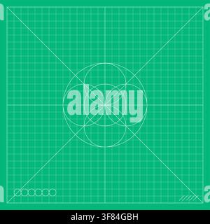 Green mathematical grid with concentric circular forms, intersecting construction lines, radial geometry, and precise technical marks, inspired by com Stock Vector
