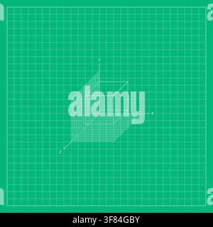 Green geometric background featuring a white wireframe three-dimensional form with intersecting planes, perspective lines, and fine mathematical grid Stock Vector
