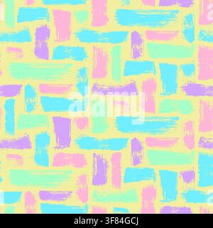Pastel grunge pattern with layered brushstrokes and rough painted shapes in pink, yellow, mint green, and light blue, creating a playful handmade text Stock Vector
