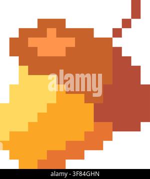 Pixel art acorn in warm orange, golden yellow, and brown tones, isolated on a white background, featuring a simple blocky shape and retro digital aest Stock Vector
