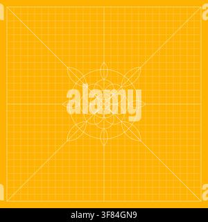 Yellow mathematical grid with a detailed symmetrical floral construction made from circles, petals, radial lines, and geometric guides, inspired by co Stock Vector