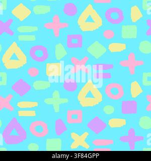 Pastel Memphis-style pattern with colorful geometric shapes including circles, crosses, triangles, squares, and irregular forms on a light blue backgr Stock Vector