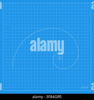 Blue mathematical grid featuring a precise logarithmic spiral construction with curved lines and geometric guides, inspired by Fibonacci mathematics, Stock Vector