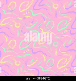Pastel grunge scribble pattern with loose hand-drawn curves, loops, waves, and abstract lines in pink, yellow, green, and blue on a soft lavender back Stock Vector