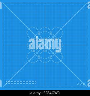 Blue mathematical grid featuring a symmetrical floral rosette construction made from overlapping circles and curved geometric lines, inspired by compa Stock Vector