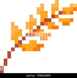 Pixel art illustration of a small autumn branch with orange and golden leaves, isolated on a white background. Retro pixel style with simplified block Stock Vector