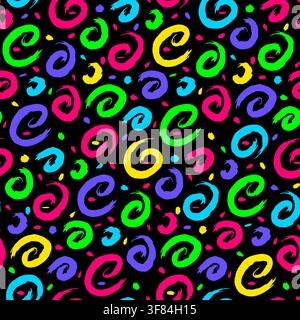 Neon grunge pattern with colorful hand-drawn curls, spirals, swirls, and abstract scribbles on a black background, featuring vivid pink, green, blue, Stock Vector