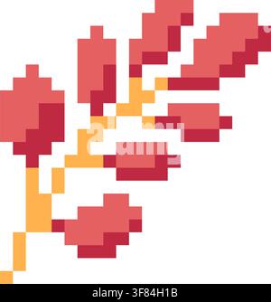 Pixel art flowering branch with multiple pink and red blossoms on slender orange and green stems, isolated on a white background and rendered in a col Stock Vector