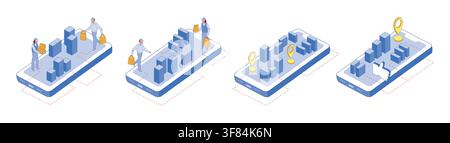 City delivery set with mobile phone showing 3D map geotag, couriers, and delivery routes. Flat vector illustration for logistic Stock Vector