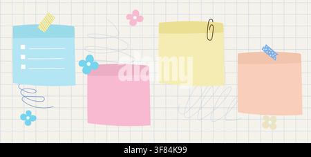 Sticky paper notes for daily planner, hand drawn memo sheet stickers. Pins and paper clips, notebook sheets doodles, paper note with washi tape, to-do Stock Vector