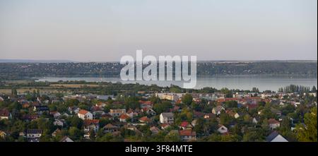 Panoramic View of Balatonfuzfo Town and Fuzfo Bay on Lake Balaton from Ovari Lookout Tower in Balatonalmadi, Hungary Stock Photo