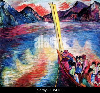 Marianne von Werefkin - The Foolish Virgins - 1921 - The piece showcases Werefkin's characteristic use of intense, glowing non-naturalistic colors, bold brushstrokes, and expressive landscapes—featuring a vibrant red and blue palette reflecting across water with figures in a boat beneath dramatic mountains Stock Photo