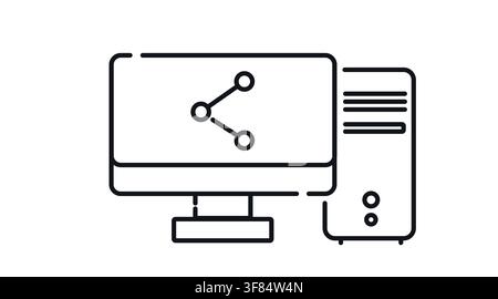 Desktop computer tower and monitor with share symbol on screen vector icon. Black line art style on white background. Stock Vector