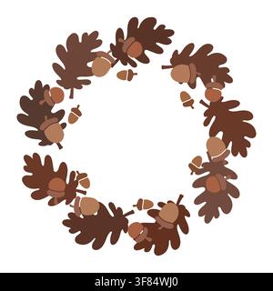 Vector round wreath frame made of oak leaves and acorns. Autumnal botanical border for greeting card, invitation, notebook, and logo design. Stock Vector