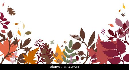 Vector horizontal autumn banner frame with colorful leaf and berry silhouettes on white background. Botanical backdrop for card, web, and text. Stock Vector