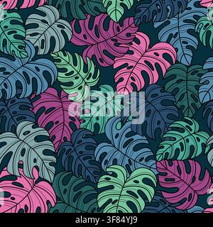 Seamless pattern with vibrant monstera leaves Stock Vector