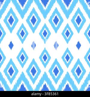 Blue on white ikat seamless pattern vector background, geometric rhombus chevron ornament for textile fabric and wallpaper print Stock Vector