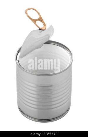 Empty open aluminum tin can with  raised pull tab ring - isolated on white with clipping path, viewed from a high angle. Stock Photo