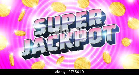 3D super jackpot text effect with casino retro style typography, glowing bulbs and colins on luxury pink background perfect for winner announcements and gambling promotions. Stock Vector