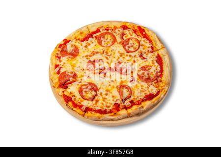 Pepperoni Pizza with Mozzarella Cheese, Tomato Sauce and Sliced Pepperoni on Wooden Board Stock Photo
