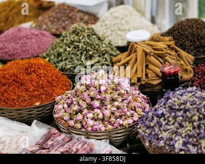 Spices in Baku market - Azerbaijan: seeds and other plant substance primarily used for flavoring or coloring food Stock Photo