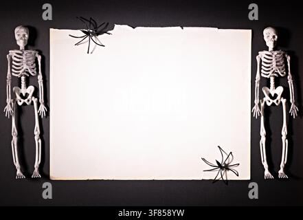 Clean blank vintage paper framed by skeletons and spiders for Halloween message poster or invitation template Stock Photo