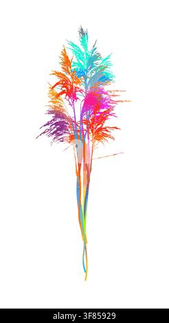 Colored reeds in watercolor on a white background. Bouquet of rainbow branches. Vector illustration Stock Vector