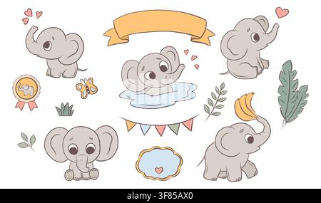 Vector set of cute baby elephants and tropical elements Stock Vector