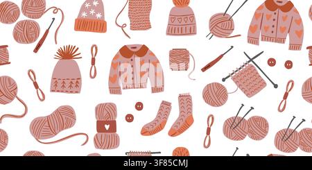 Seamless knitting pattern with sweaters, hats, socks, yarn balls, knitting needles, crochet hooks and wool in warm pink tones on a white background. Cozy autumn handmade design for fabric, wallpaper and craft projects Stock Vector