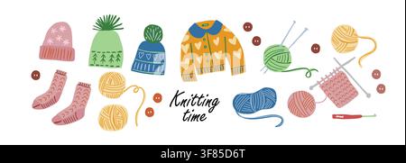 Knitting Time banner with knitted sweater, hat, socks, yarn balls, knitting needles, crochet hooks, buttons and cozy handmade elements on a white background. Perfect for knitting studios, DIY, craft shops and hobby projects. hand drawn vector file. Stock Vector
