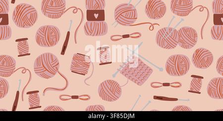 Seamless knitting pattern with yarn balls, knitting needles, crochet hooks and knitted swatches on a soft beige background. Cozy handmade craft illustration for sewing, DIY, textile, fabric, wallpaper and hobby projects. hand drawn vector file. Stock Vector
