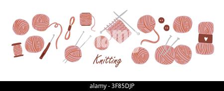 Knitting banner with yarn balls, knitting needles, crochet hook, embroidery threads, buttons and sewing supplies on white background. Cozy handmade craft illustration for knitting studio, hobby shop, DIY projects, original vector. Stock Vector