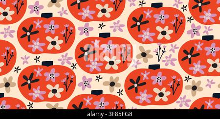 Seamless Thanksgiving pumpkin pattern with floral pumpkins on a warm background. Cozy autumn harvest design for fabric, wallpaper, wrapping paper, seasonal decor and holiday crafts. hand drawn vector file. Stock Vector