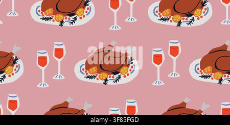 Seamless holiday pattern with roasted turkey and wine glasses on a warm background. Elegant Thanksgiving and Christmas dinner design for fabric, wallpaper, wrapping paper, festive decor and seasonal projects. hand drawn vector file. Stock Vector