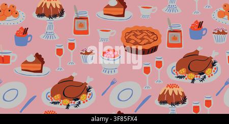 Seamless Thanksgiving dinner pattern with roasted turkey, pumpkin pie, desserts, drinks and traditional holiday dishes on a blush background. Cozy autumn harvest design for fabric, wallpaper and seasonal decor. hand drawn vector file. Stock Vector