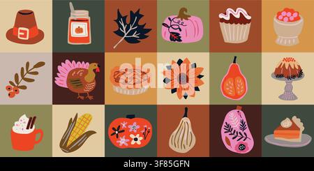Seamless Thanksgiving patchwork pattern with pumpkins, corn, cranberry, pumpkin pie, warm drinks, autumn leaves and harvest treats. Cozy folk art design for fabric, wallpaper, wrapping paper and seasonal decor. hand drawn vector file. Stock Vector