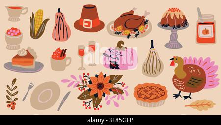 Thanksgiving clipart mega set with 20 harvest elements including turkey, roasted turkey, pumpkin pie, cupcakes, cranberry, corn, pilgrim hat, drinks and pumpkins. Perfect for stickers, invitations, DIY and seasonal crafts. hand drawn vector file. Stock Vector